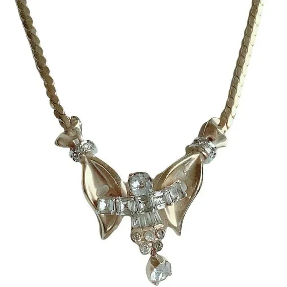 Brilliant Vtg Mazer Bros Clear Rhinestone Necklace Angel Gold Tone